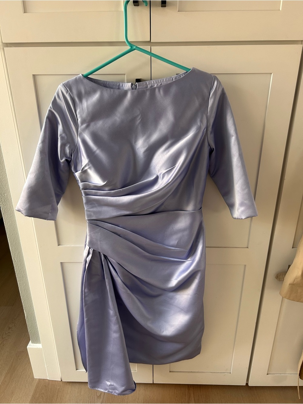 Lilac Draped Midi Dress with Three-Quarter Sleeves